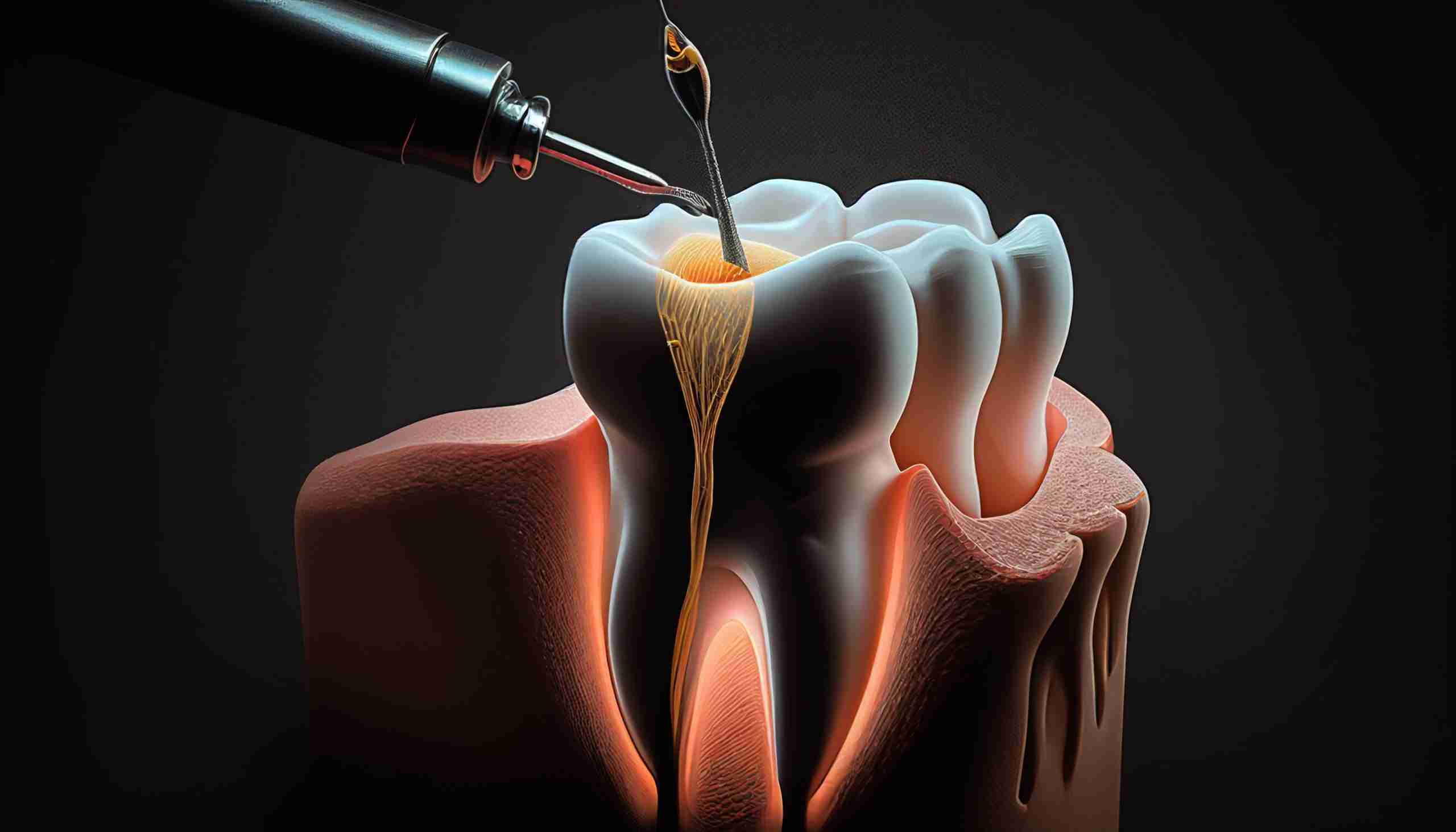 Detailed shot of a dentist applying veneer to a woman's teeth during a dental procedure.